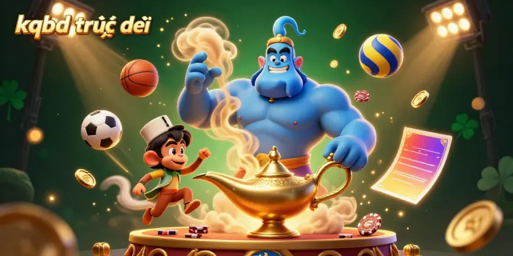 Experience the excitement of kqbd trực tiếp with this vibrant 3D illustration featuring sports balls and a magical genie.