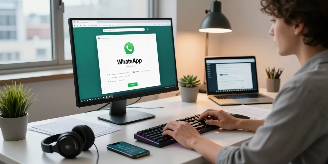 Young professional using WhatsApp電腦版 on a modern desktop setup, showcasing productivity and collaboration.
