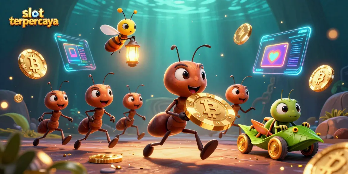 Experience slot terpercaya with ants heisting a giant golden poker chip amidst vibrant crypto elements.