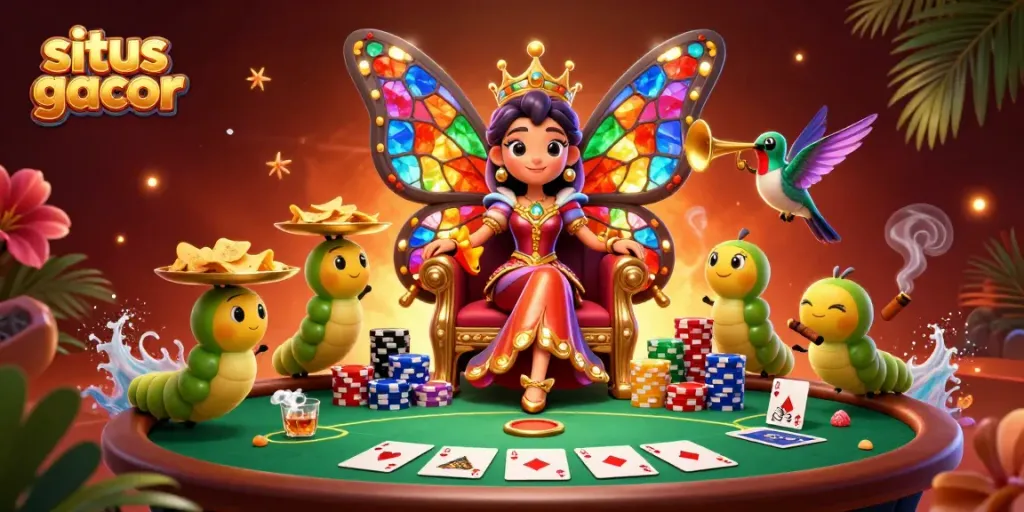 Play your luck at situs gacor with this vibrant 3D illustrated casino scene featuring a butterfly queen commanding the game
