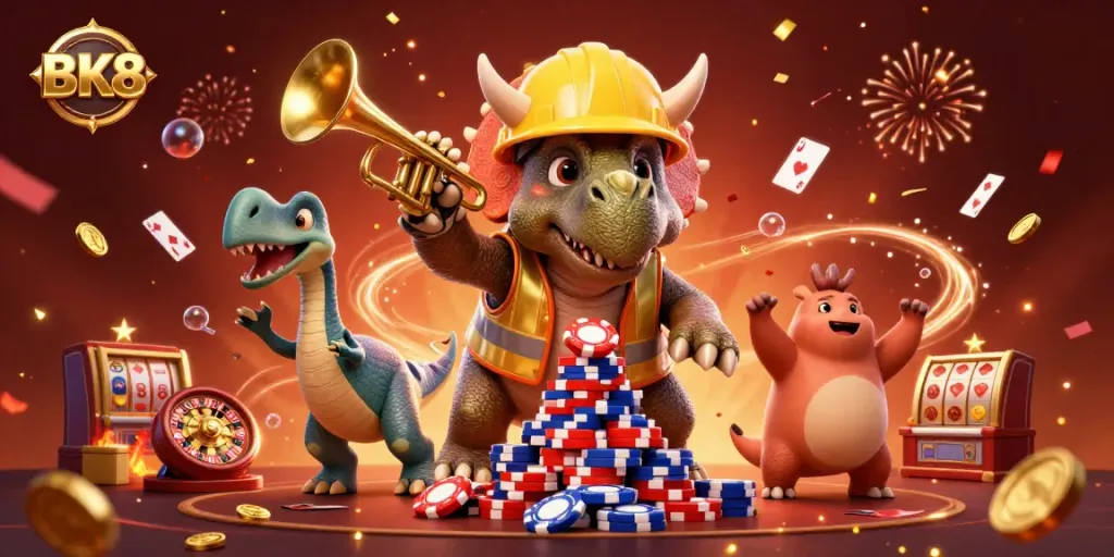 Experience the thrill of BK8 as it features an exciting 3D casino scene with characters, playing cards, and celebration elements.
