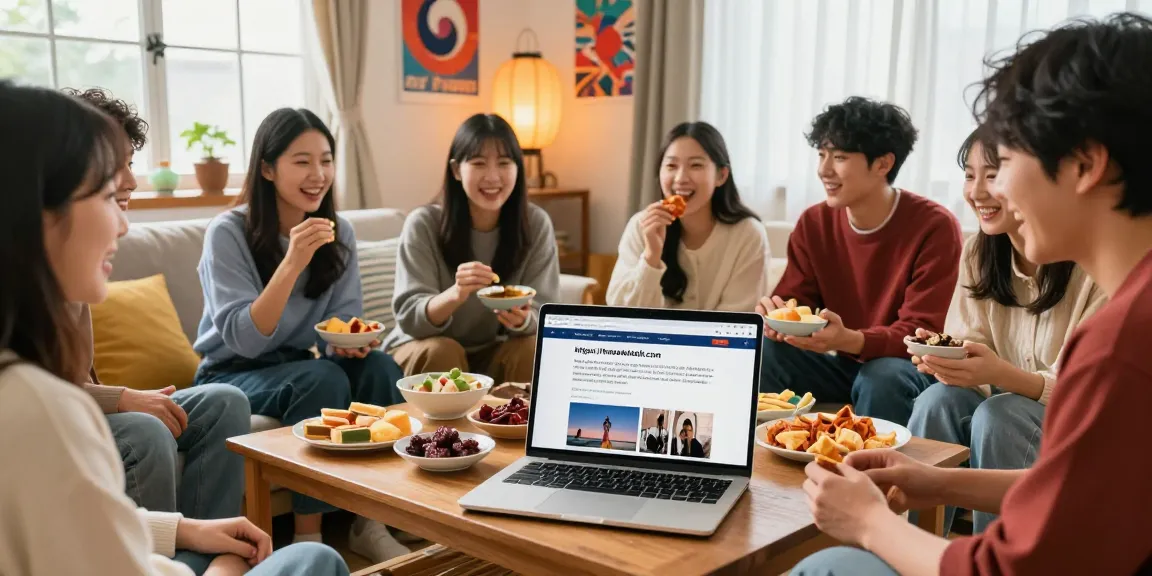 Friends sharing snacks while exploring https://hanadultalk.com for engaging Asian culture content in Spanish.