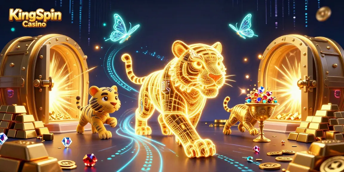 KingSpin Casino varázslatos világa, ahol arany tigris és holografikus pillangók uralkodnak.