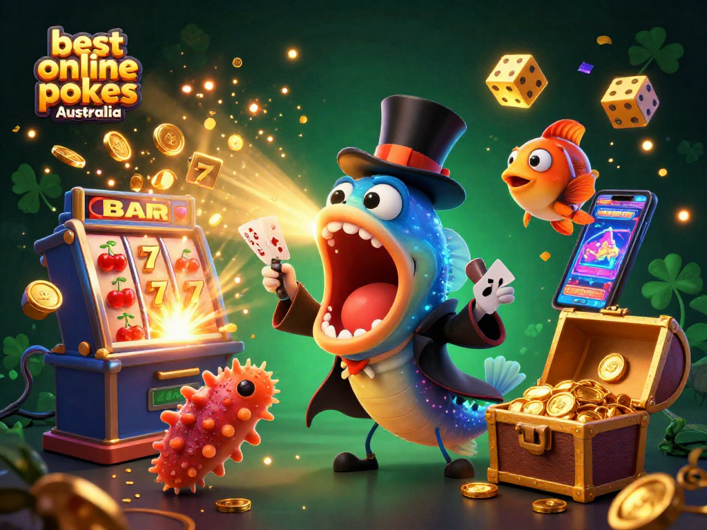 Engage with the best online pokies Australia through an imaginative casino-themed illustration showcasing fun characters and vibrant gameplay.