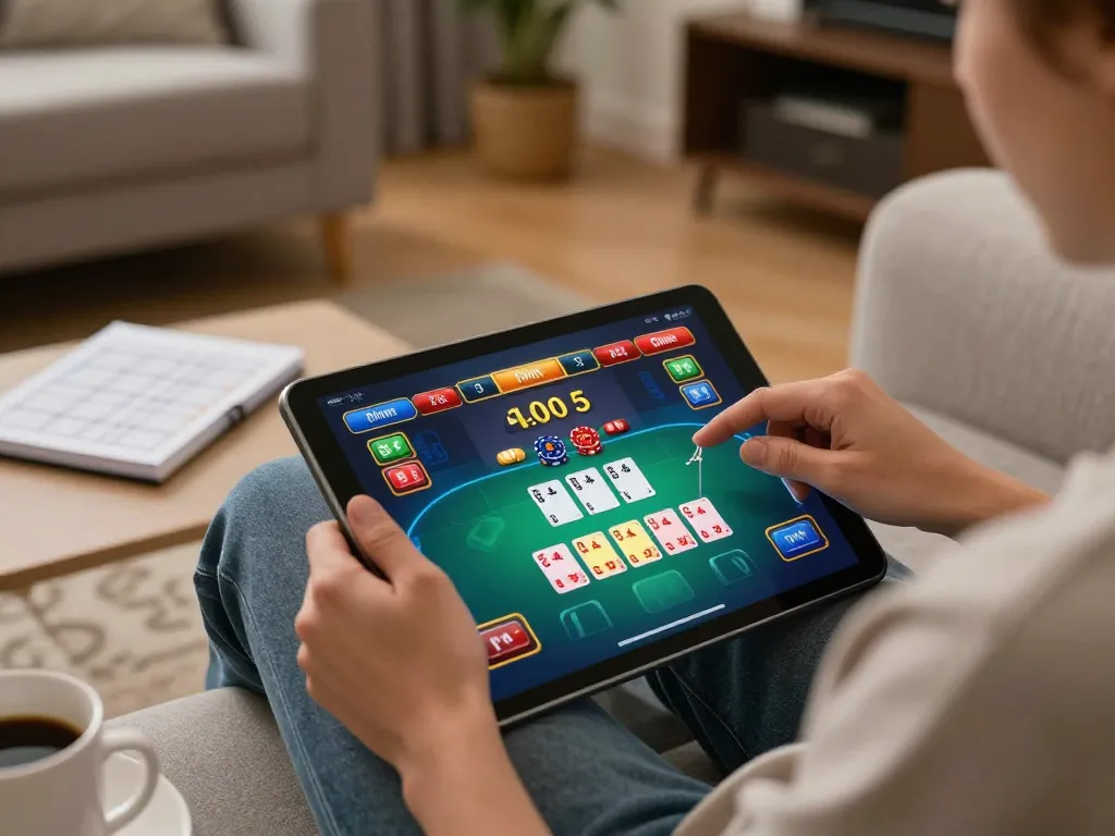 Engaged player using xx88bet on tablet for online poker strategy in cozy home setting