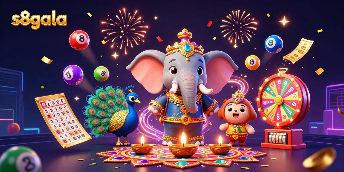 Engage in thrilling gameplay with S8gala, featuring vibrant lottery elements and festive characters in a casino-themed illustration.