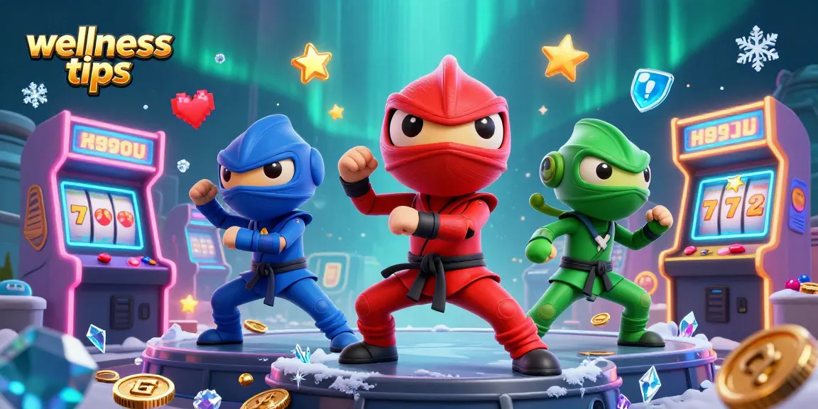 Engage in wellness tips while enjoying casino games with vibrant 3D characters and slot elements.