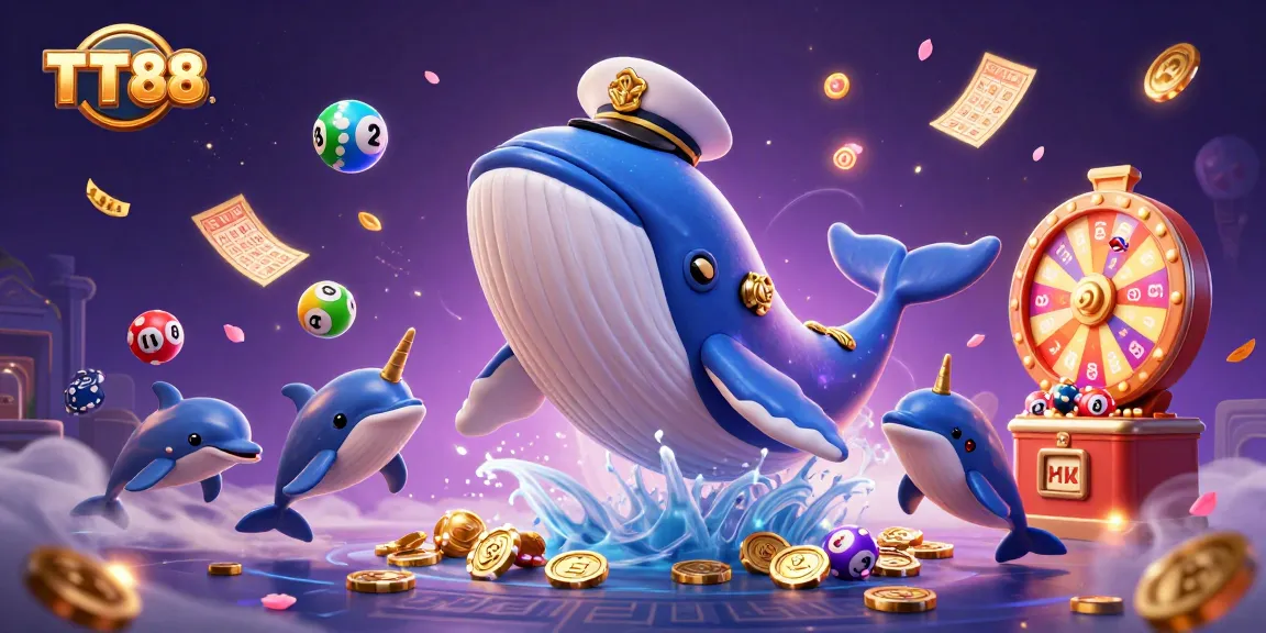 Engage with the vibrant TT88 casino scene featuring a whale, narwhal, and dolphins amidst dynamic gambling elements.