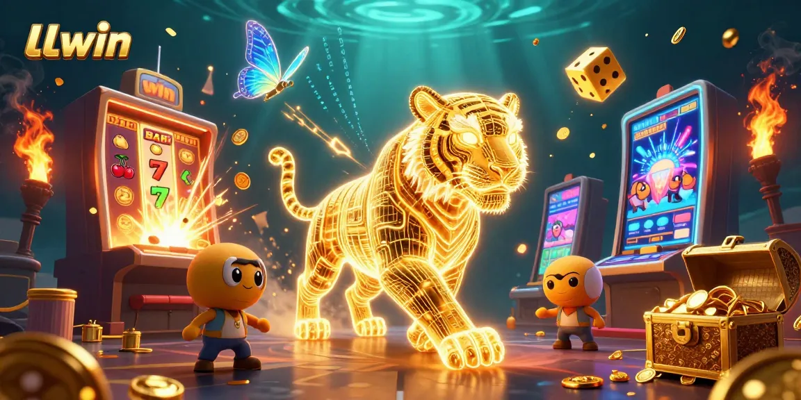 Engage with LLwin's vibrant digital casino scene featuring a golden tiger, slot machines, and jackpot excitement.
