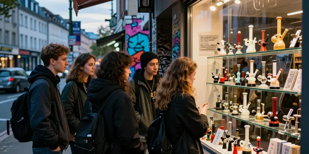 Friends exploring a headshop düsseldorf, showcasing unique accessories and vibrant street culture.