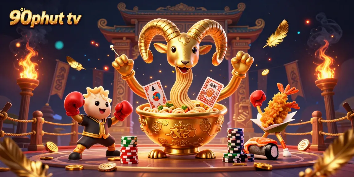 90phut tv showcases a vibrant 3D illustration with a giant golden ramen bowl dealer in a dynamic gambling scene.