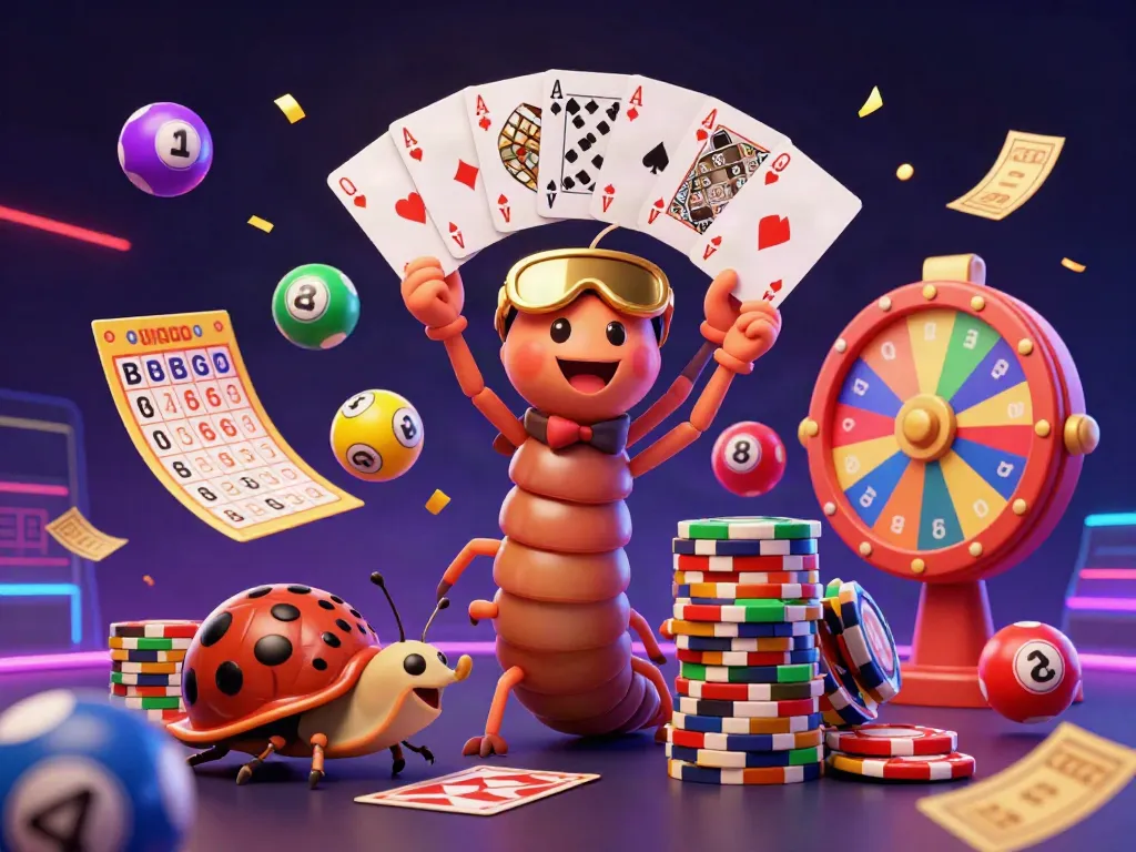 Balislot casino scene with a vibrant cartoon millipede dealer and colorful lottery balls.