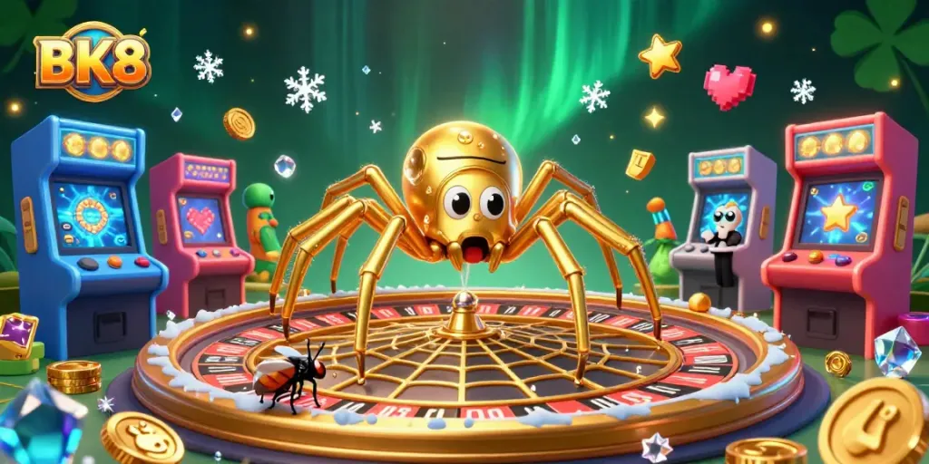Place bets on BK8's thrilling roulette wheel with a golden spider and centipede croupier.
