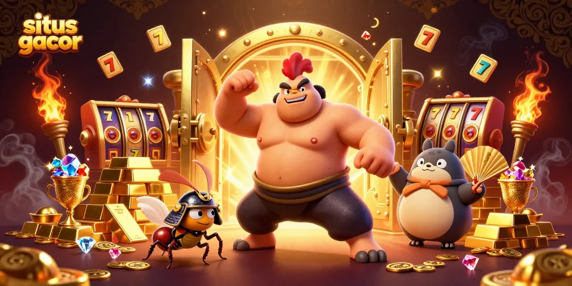 Situs gacor themed illustration featuring a powerful rooster, a fierce cricket, and a tanuki in dynamic casino scene.