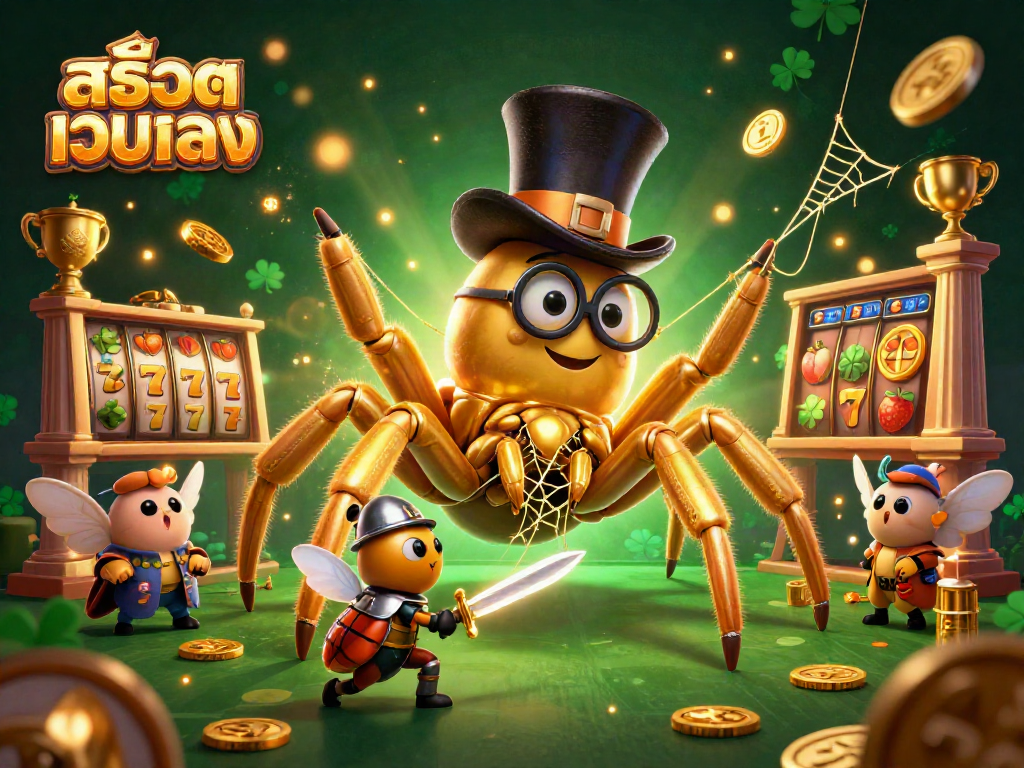 Enhance your winnings with สล็อตเว็บตรง in this vibrant casino scene featuring a golden tarantula and beetle knight.
