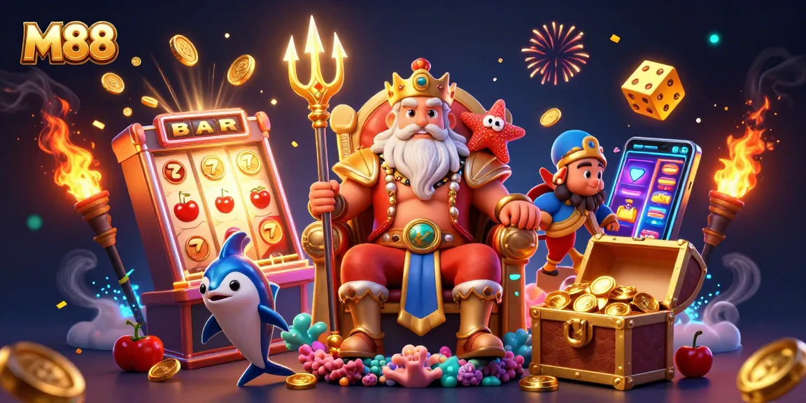 Experience the excitement of M88 with a vibrant casino scene featuring Neptune's treasure and thrilling games.
