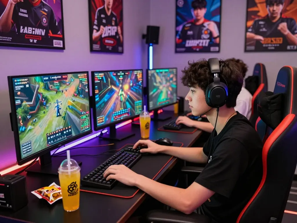 Engaging esports betting Singapore scene with a focused gamer surrounded by screens displaying live matches and colorful betting odds.
