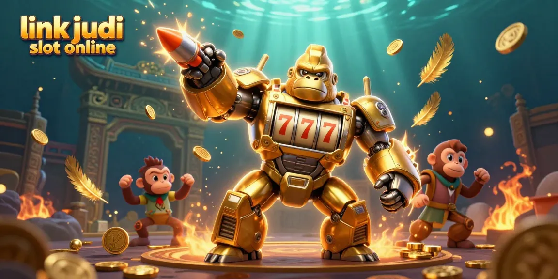Mengungkap link judi slot online dengan ilustrasi karakter mekanik gorila emas yang menakjubkan dan elemen permainan kasino.