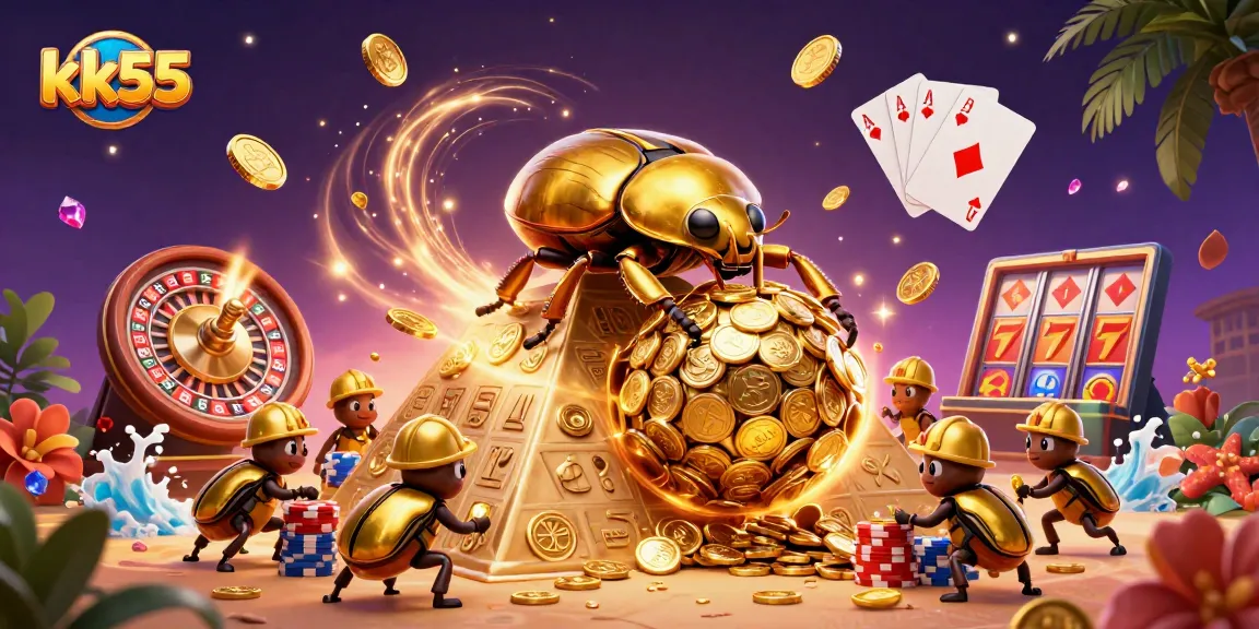 Experience excitement with kk55 as golden beetles roll coins up a pyramid amid casino symbols.