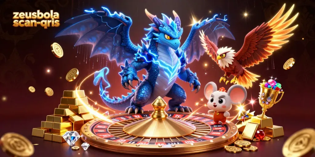 Play the zeusbola scan qris with engaging roulette wheel and captivating characters in a lavish casino context.