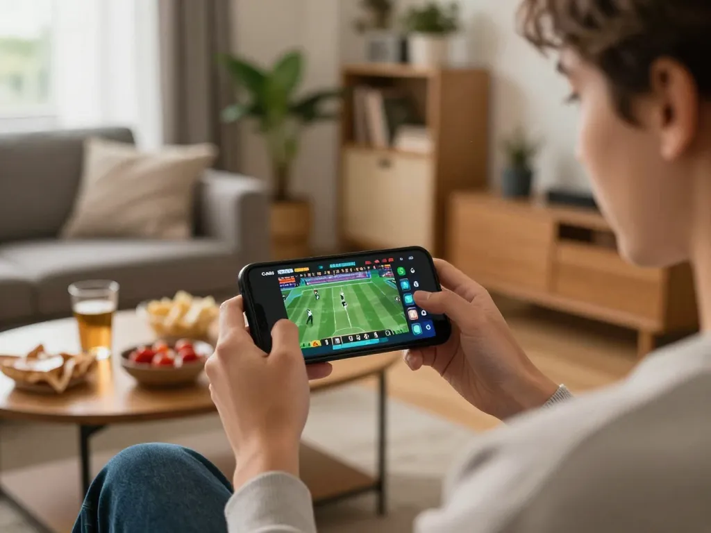 Engaging in mobile sports betting with 388bet app in a cozy setting, highlighting strategic gameplay.