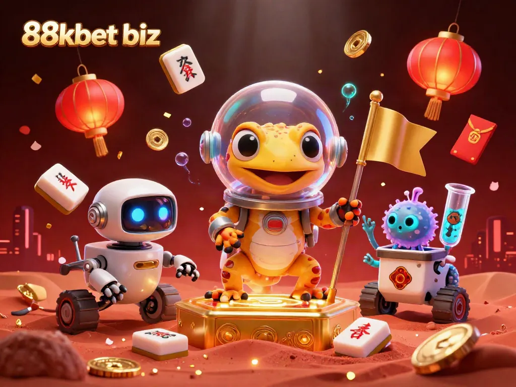 Experience the excitement of 88kbet biz as the Martian gecko discovers a golden casino amidst vibrant visuals.