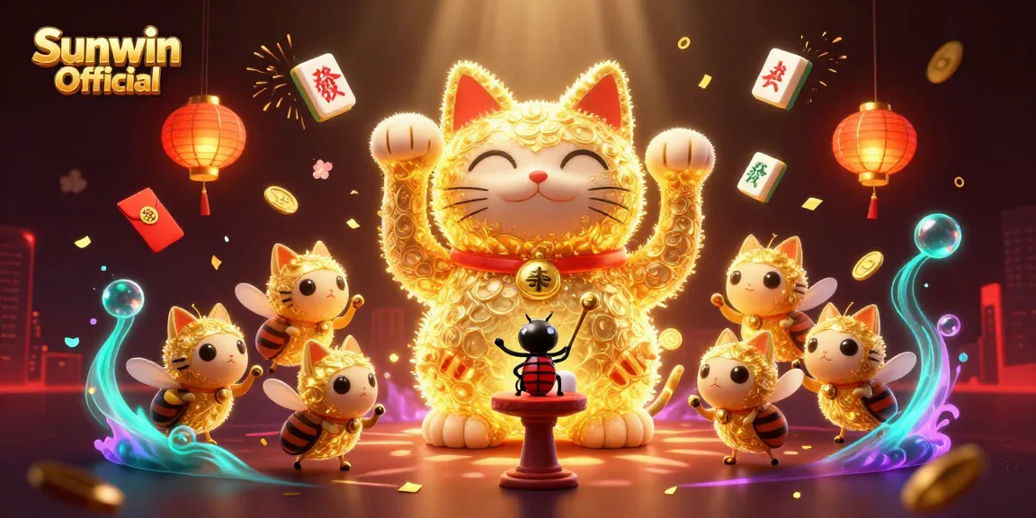 Experience the vibrant Sunwin Official world with a lucky cat symbol and glowing elements in a 3D casino setting.