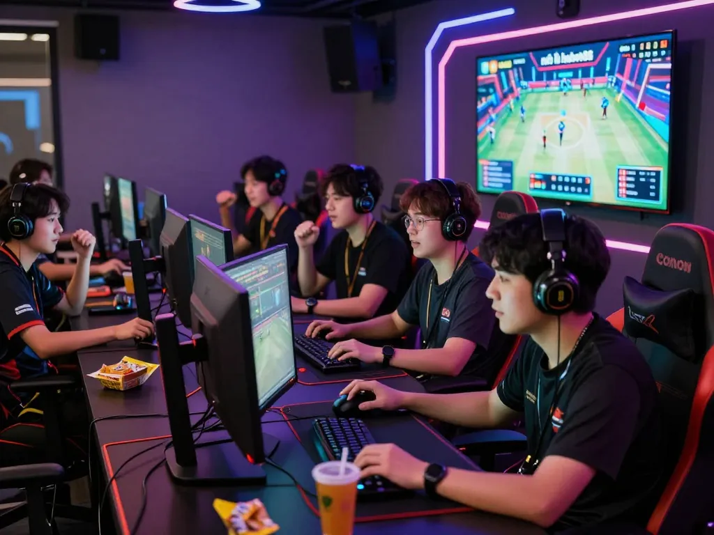 Excited gamers engaged in a nổ hũ hubet88 match in a lively esports gaming room.