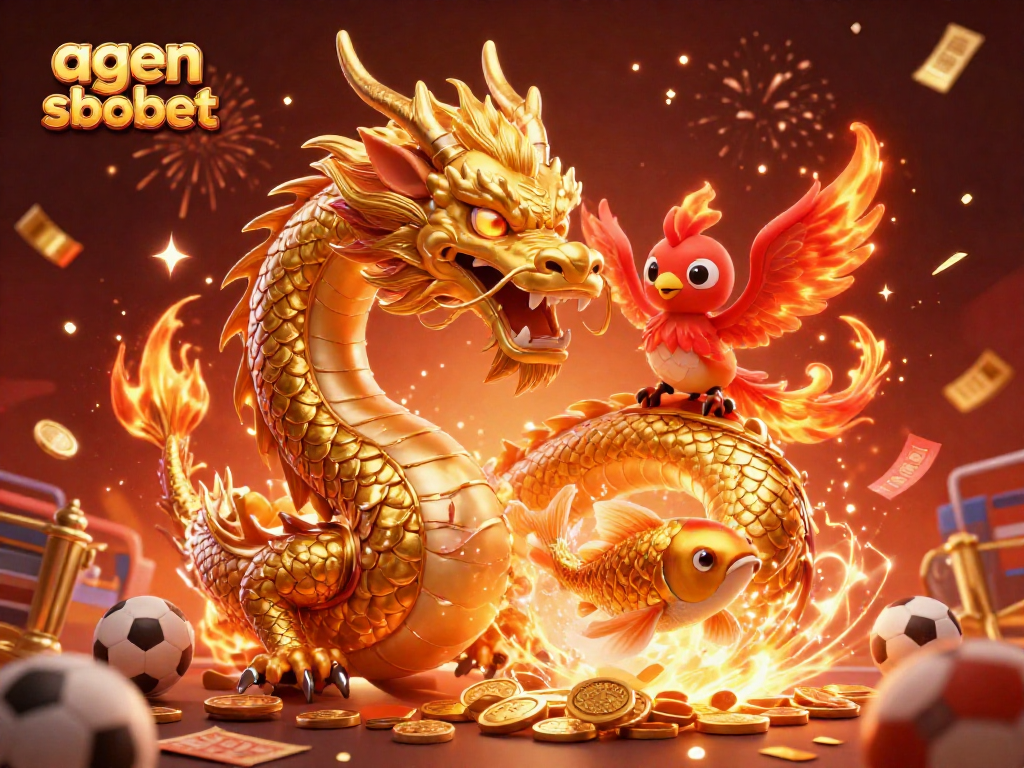 Menangkan taruhan agen SBOBET dengan coklat emas naga dan phoenix dinamis dalam perayaan olahraga.