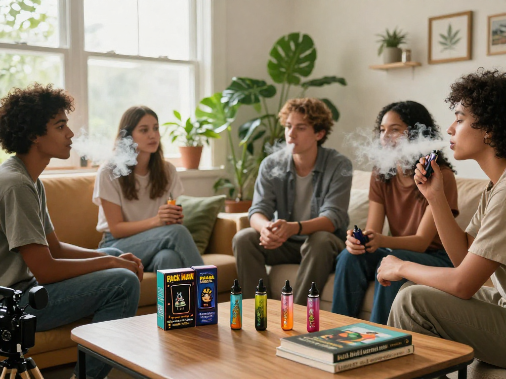 Pack Man THC vape experience with friends in a relaxed living room, showcasing premium quality and unique flavors.