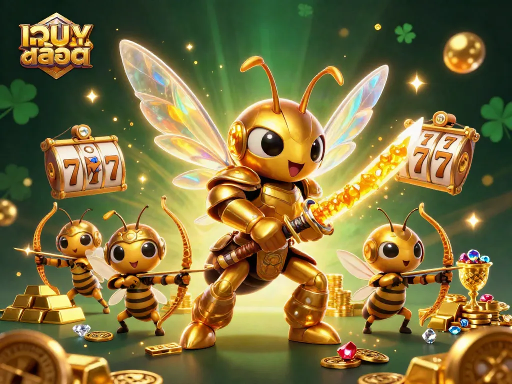 Experience the thrill of เว็บสล็อต with vibrant illustrations of a samurai hornet and gold treasures.