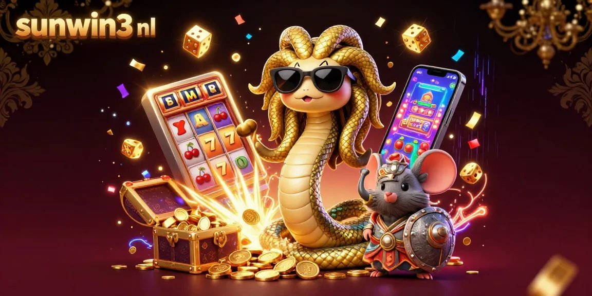 Win big with sunwin3 nl as Medusa and a warrior mouse celebrate at a vibrant casino scene.