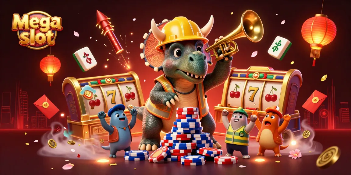Menangkan permainan mega slot dengan kombinasi ilustrasi 3D dari triceratops dan simbol keberuntungan.