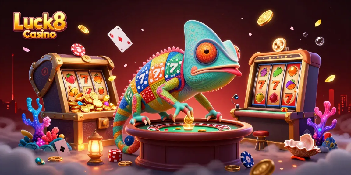 Luck8 Casino chameleon character surrounded by interactive slot game elements and treasures.