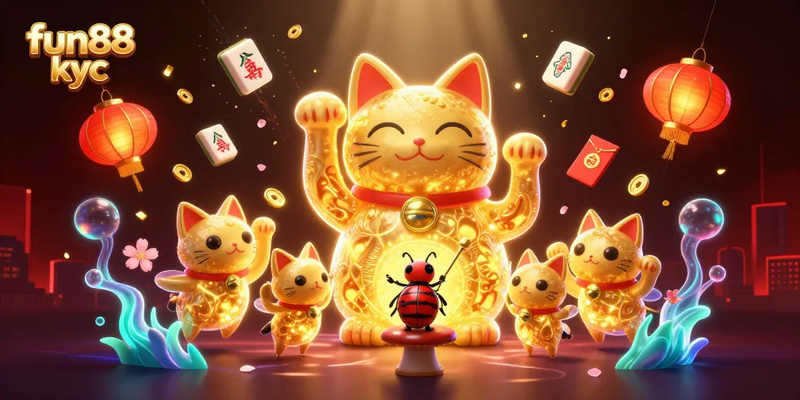 Khám phá thế giới cá cược tại fun88 kyc với hình ảnh phát sáng của mèo may mắn và các biểu tượng casino hấp dẫn.