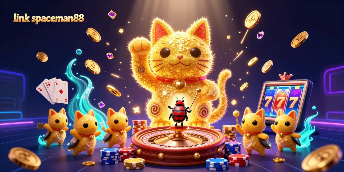 Engage with link spaceman88 and witness a vibrant 3D casino scene filled with golden symbols and rich elements.