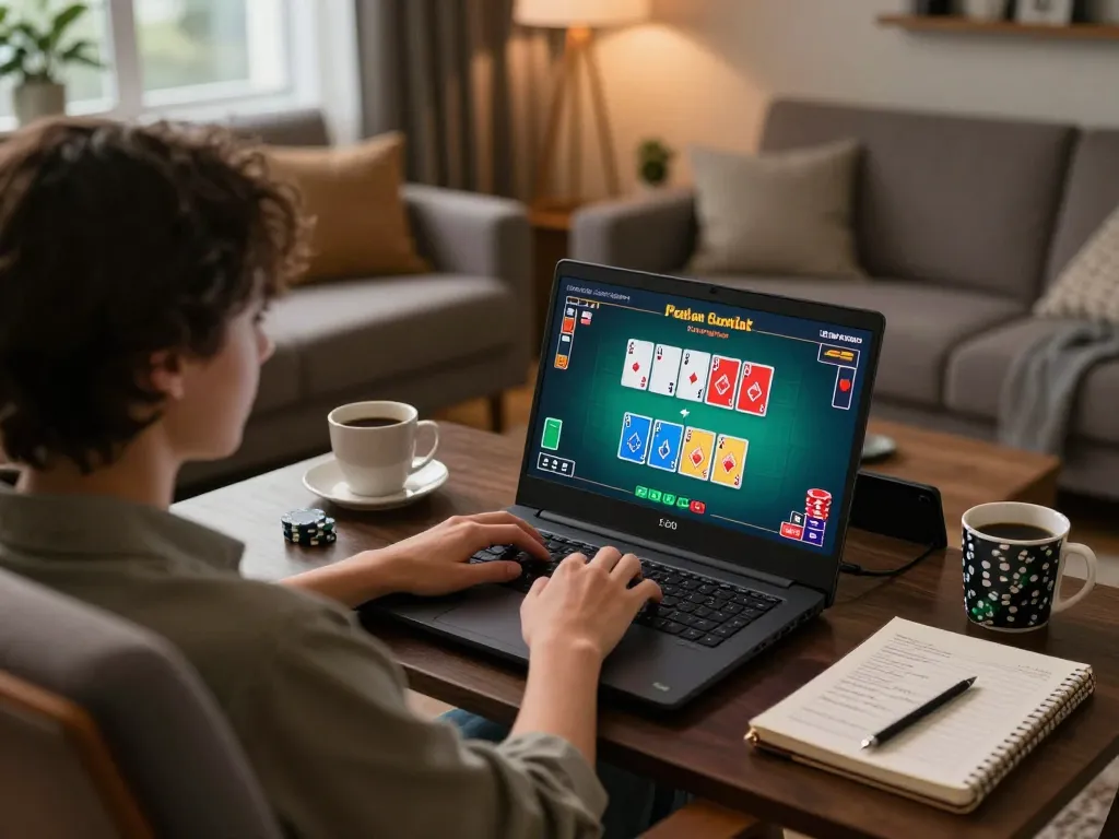 Engaging player exploring 7hh online casino on laptop, vibrant poker interface visible in home setting.