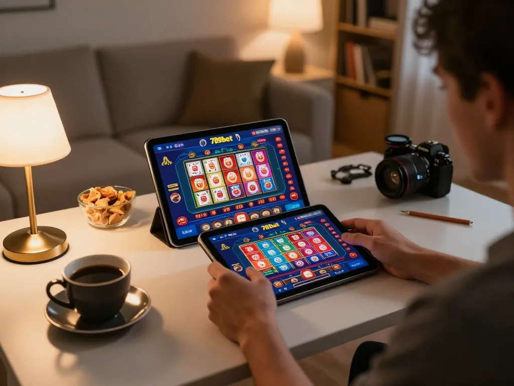Engaging with 789bet's online casino on a tablet in a cozy home setting, showcasing interactive gaming