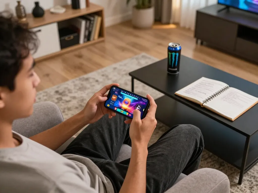Engaging with the latest nsfw games apk on smartphone in a cozy gaming setup.