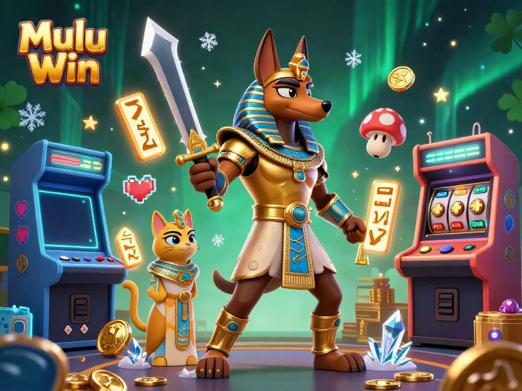 Play Mulu Win with Anubis and Bastet in a vibrant gaming universe filled with casino elements.