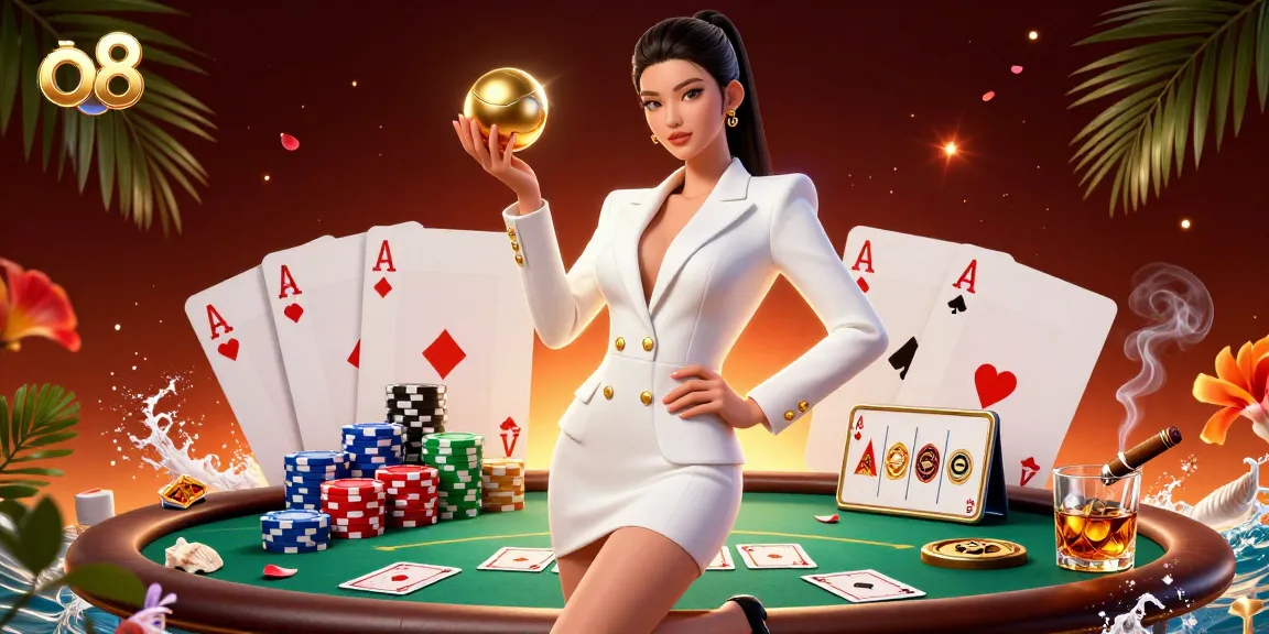 Experience thrilling gaming moments at o8 with an elegant Asian woman expertly presenting a roulette ball amidst luxury casino elements.