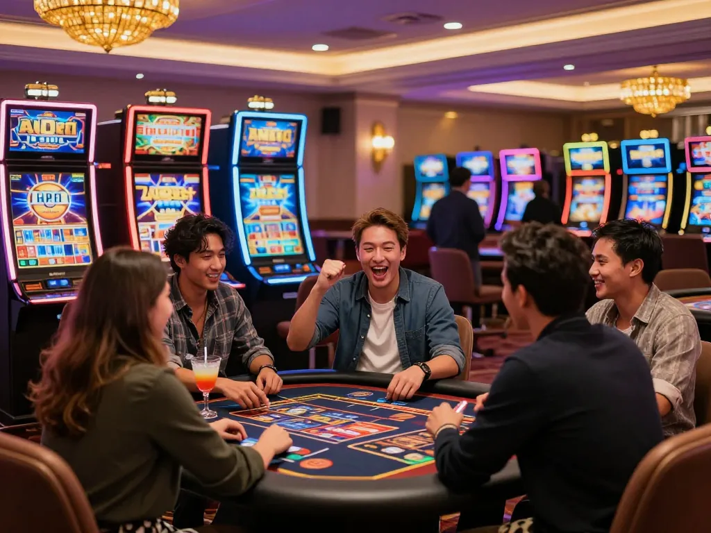 8kbet gaming experience with friends at a vibrant casino, full of excitement and cheers.