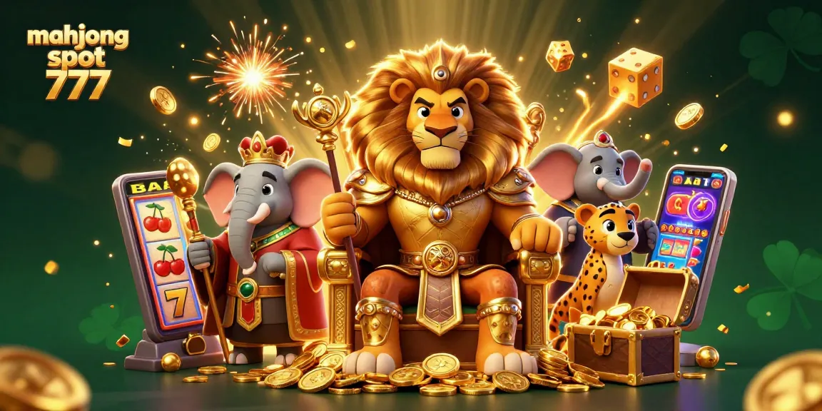 Play mahjong slot 777 with the lion king and friends in a vibrant 3D casino scene.