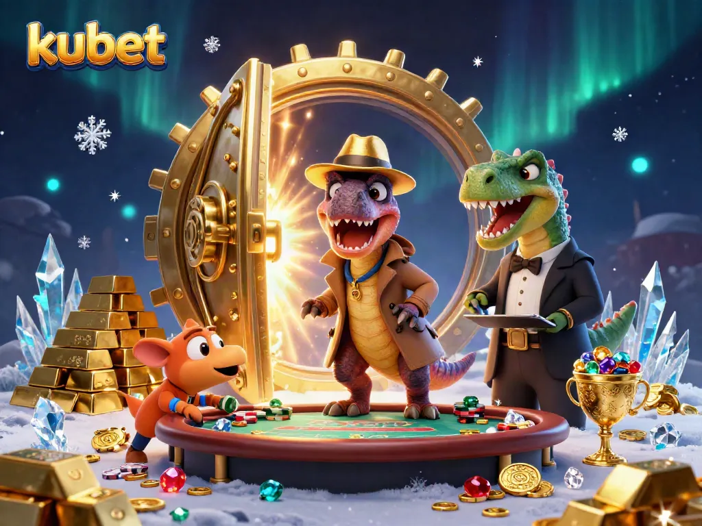 Engage in thrilling kubet gameplay with a velociraptor card counter, stegosaurus pit boss, and compy pickpocket in a lavish casino scene.