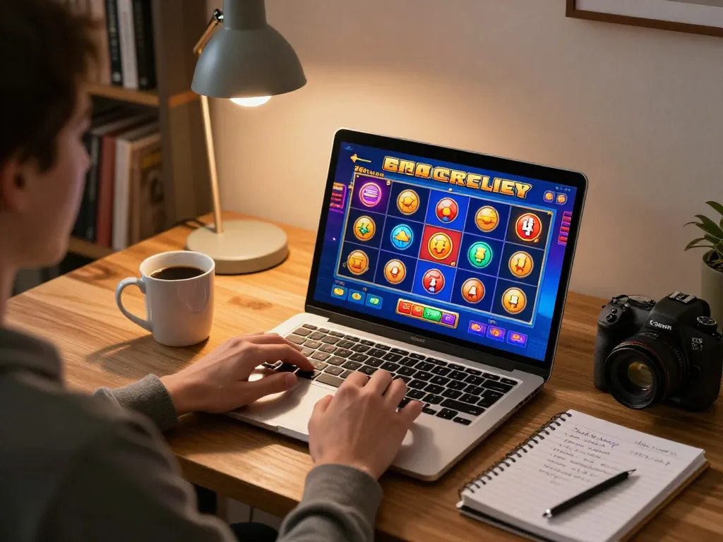 Person enjoying online slot gaming on laptop, showcasing vibrant game graphics and strategy notes