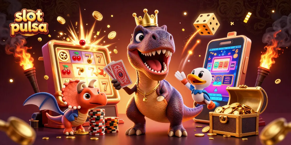 Menangkan jackpot dalam gambar slot pulsa dengan karakter kartun T-Rex dan teman-teman dalam suasana casino yang ceria