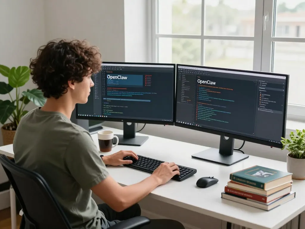 OpenClaw AI assistant showcased on developer's monitor in a modern tech workspace.