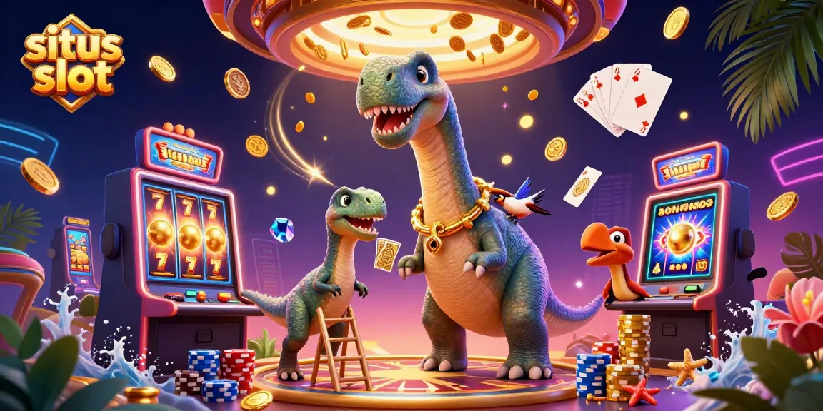 Engage with situs slot featuring a giant brontosaurus, lively characters, and vibrant casino elements.