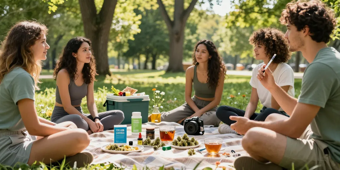 Experience what is THC vape in a natural wellness setting with friends enjoying hemp products and healthy snacks in a sunny park.