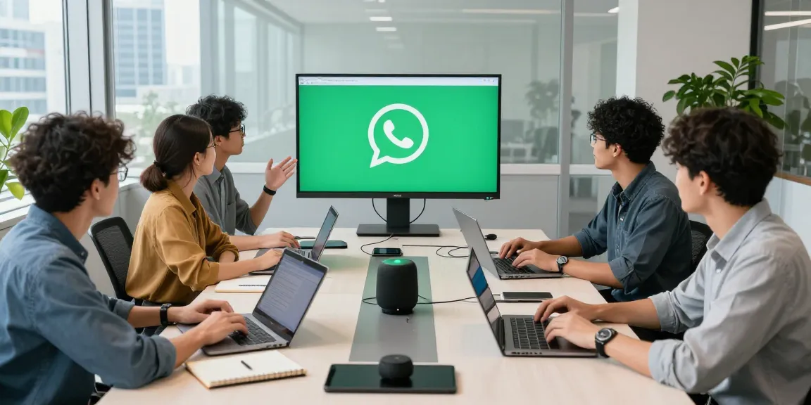 Team utilizing WhatsApp電腦版 in an innovative office setting, sharing ideas dynamically.